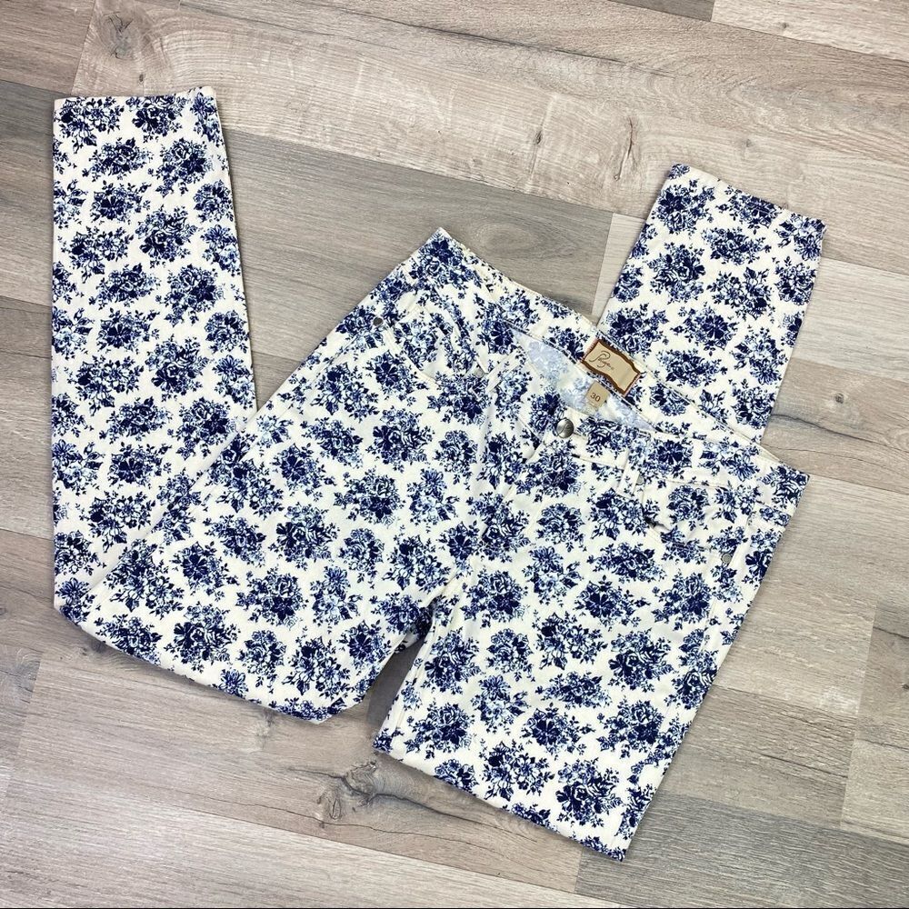Paige Jeans Women 30 Cream Blue Peg Skinny Floral Stretch Ankle Mid Rise Cottage - Picture 2 of 11